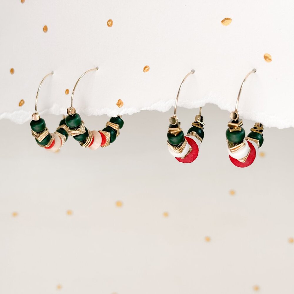 Boho Hoop Earrings Green Stone Beaded Gold Hoops Coral Ivory | Artisan Style - Picture 5 of 10